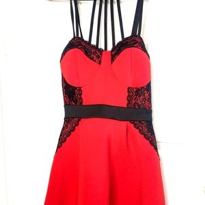 Spaghetti Straps Red & Black Hi-lo Dress with Lace Bodice